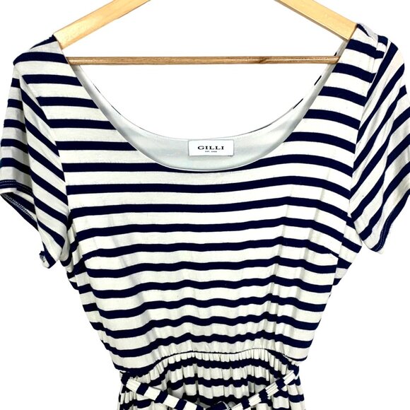 Gilli Striped Midi Dress Size L Navy Blue White Tie Waist Lined Short Sleeve - Picture 2 of 9